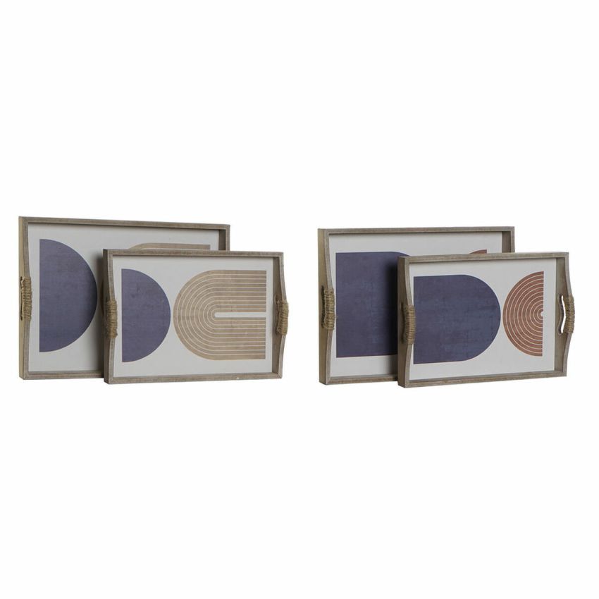 Tavă DKD Home Decor 40,6 x 30 x 6 cm Bej Albastru Lemn MDF (2 Unități)