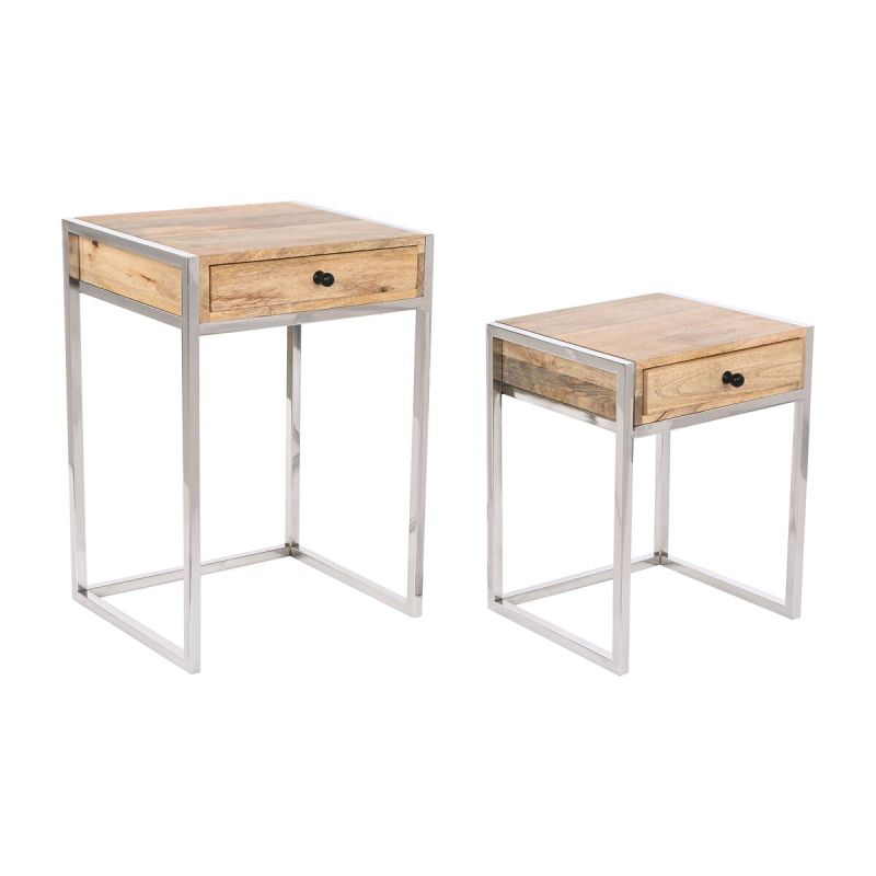Set de 2 mese Home ESPRIT Maro Argintiu Natural Oțel Lemn de mango 45,5 x 41 x 66,5 cm