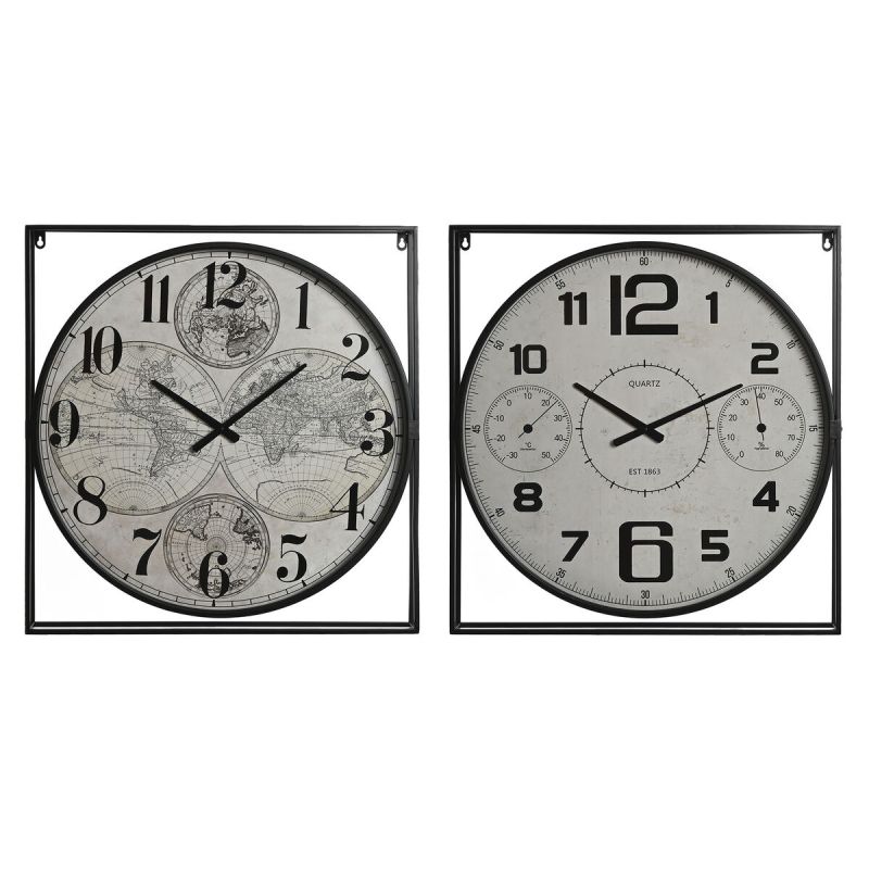 Ceas de Perete Home ESPRIT Alb Negru Metal Lemn MDF 62 x 6 x 65 cm (2 Unități)
