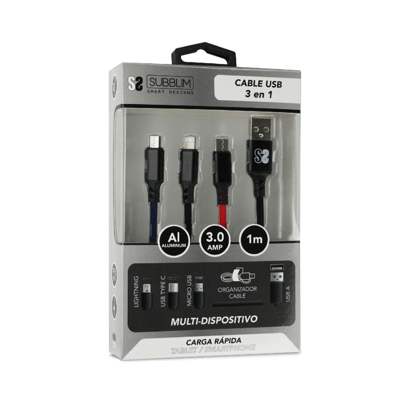 Cablu Micro USB Subblim Premium 3in1 Negru 1 m